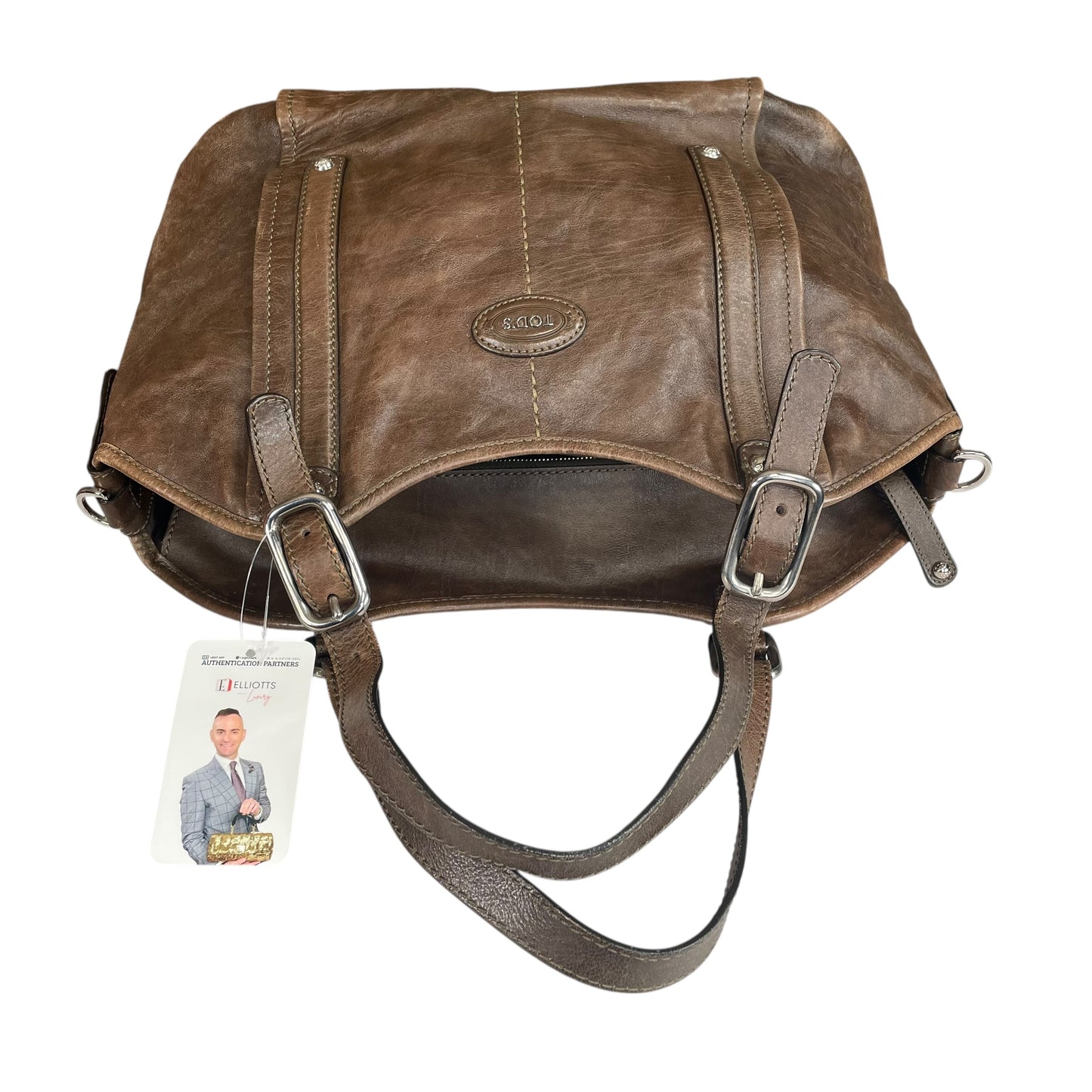 TOD’s G Easy Sacca SHW Grande Distressed Brown Leather Zip Media Tote