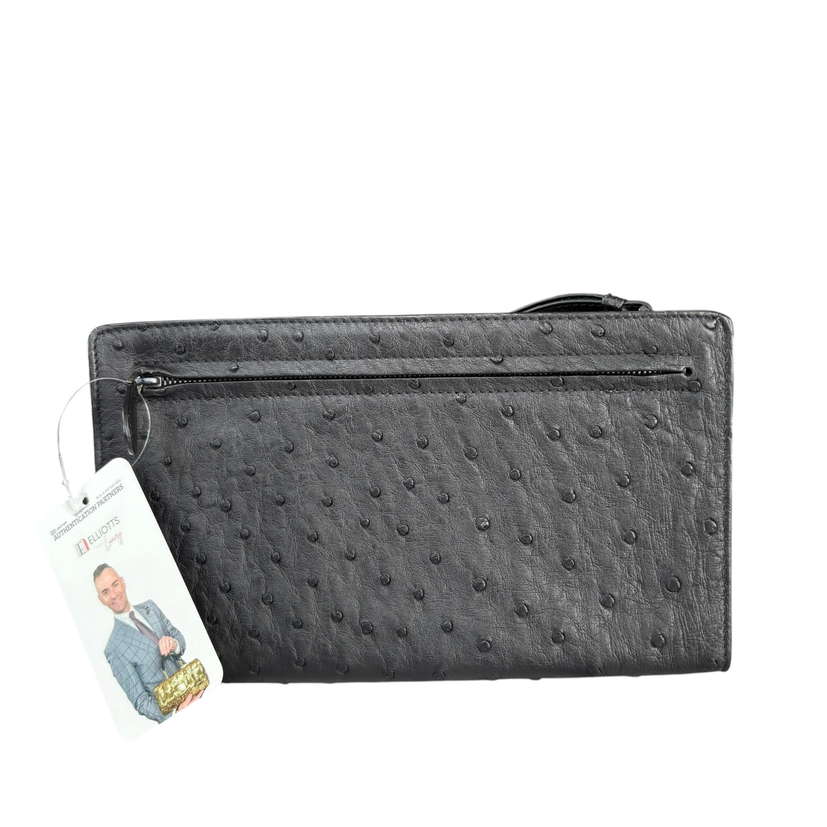 Bottega Veneta Ostrich Black Leather Organizer Snap Clutch Zip