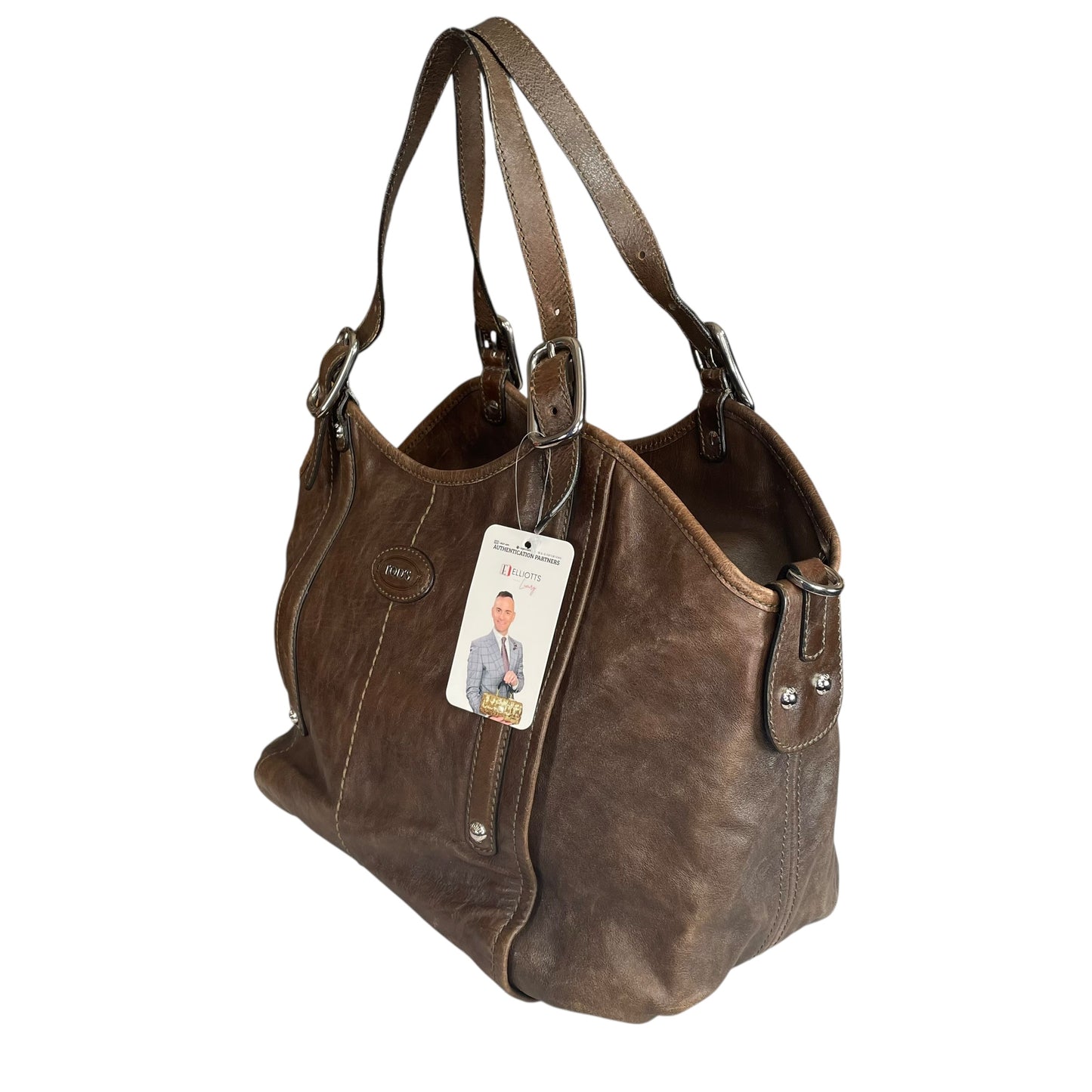 TOD’s G Easy Sacca SHW Grande Distressed Brown Leather Zip Media Tote