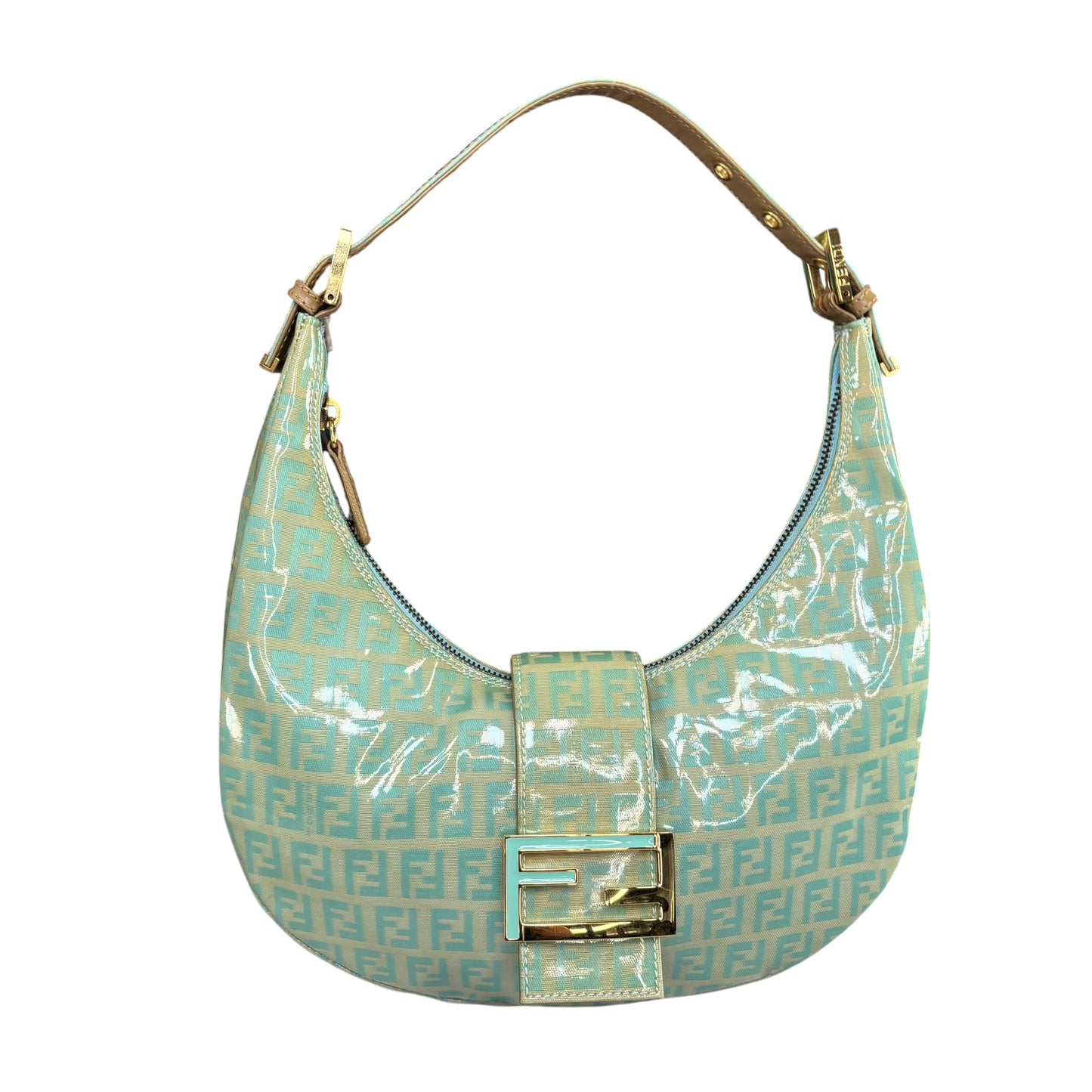 Fendi Y2K Baguette Crescent Mint Green Zucchino Coated Canvas Leather Purse