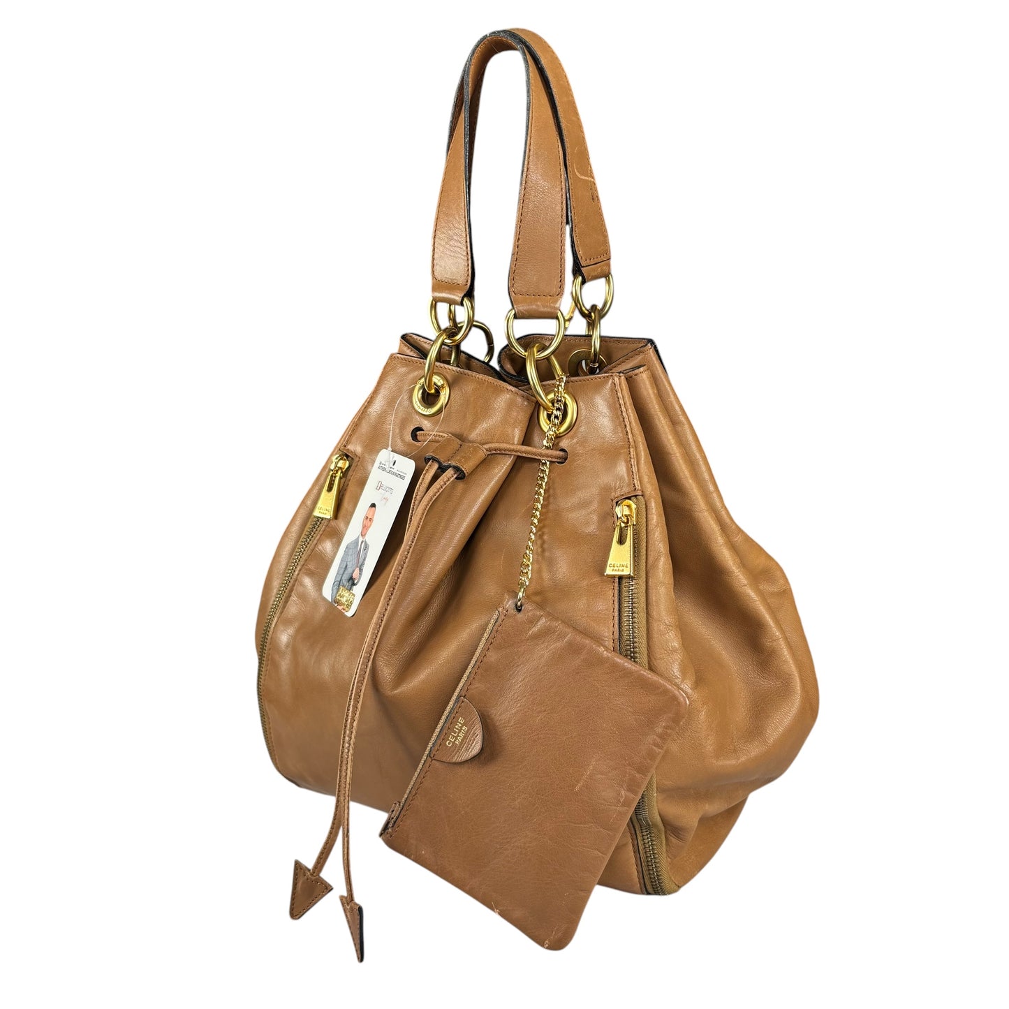 Celine Gold Brown Leather GHW Pouch Drawstring Bucket Hobo Bag