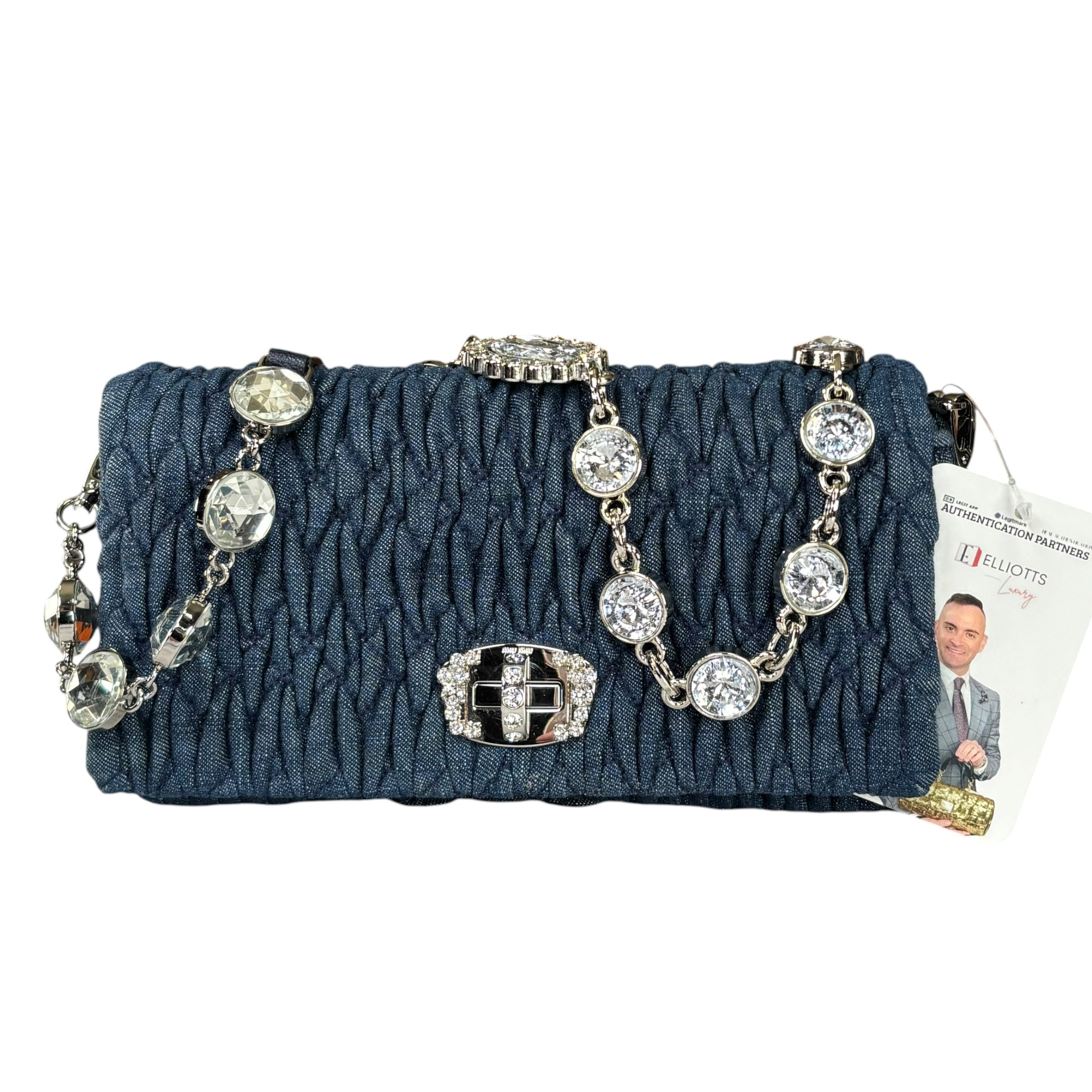 Miu Miu Crystal SHW Encrusted Denim 2-Way Crossbody Flap Turn-Lock
