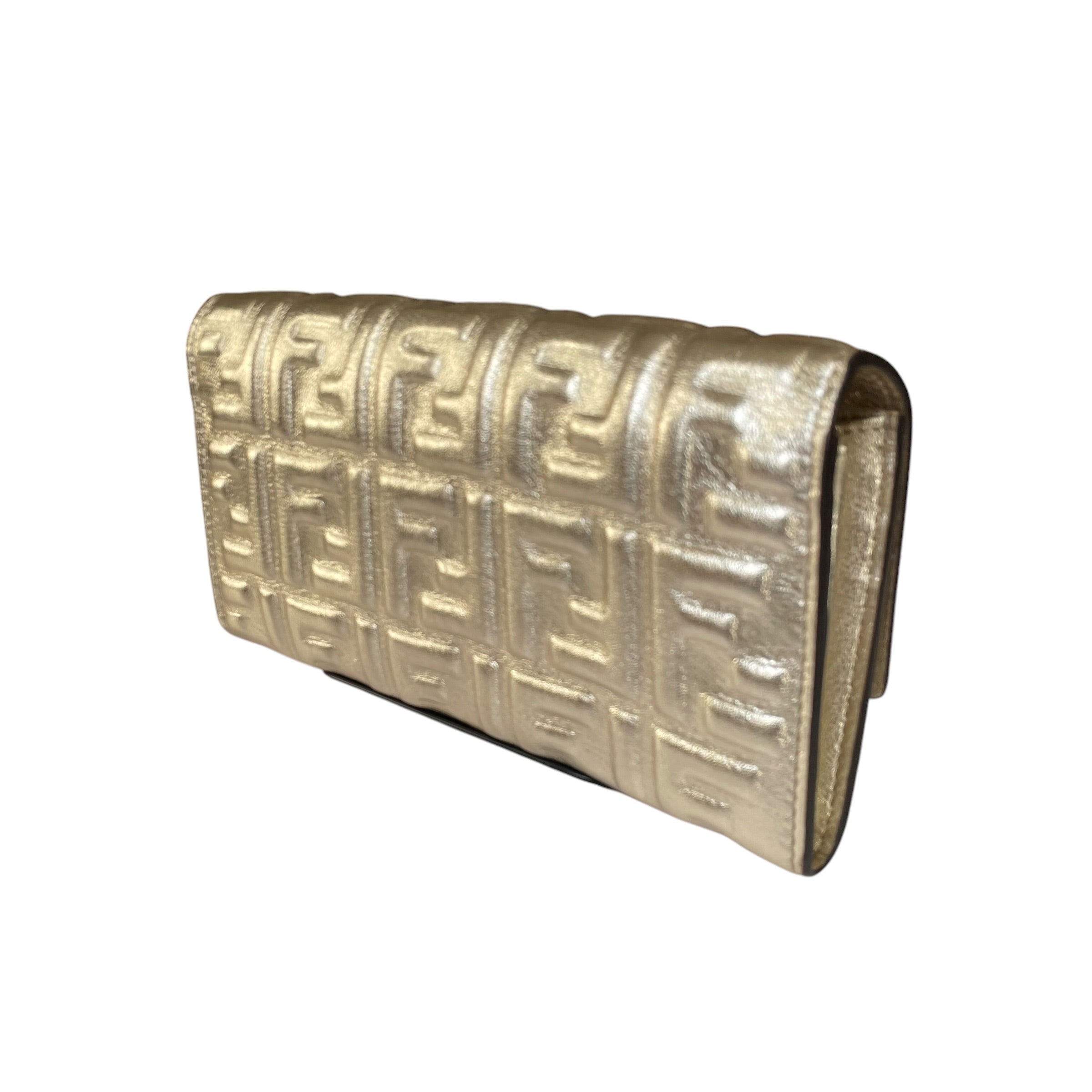 Fendi Zucca Baguette Leather Metallic Gold Silver Continental Long