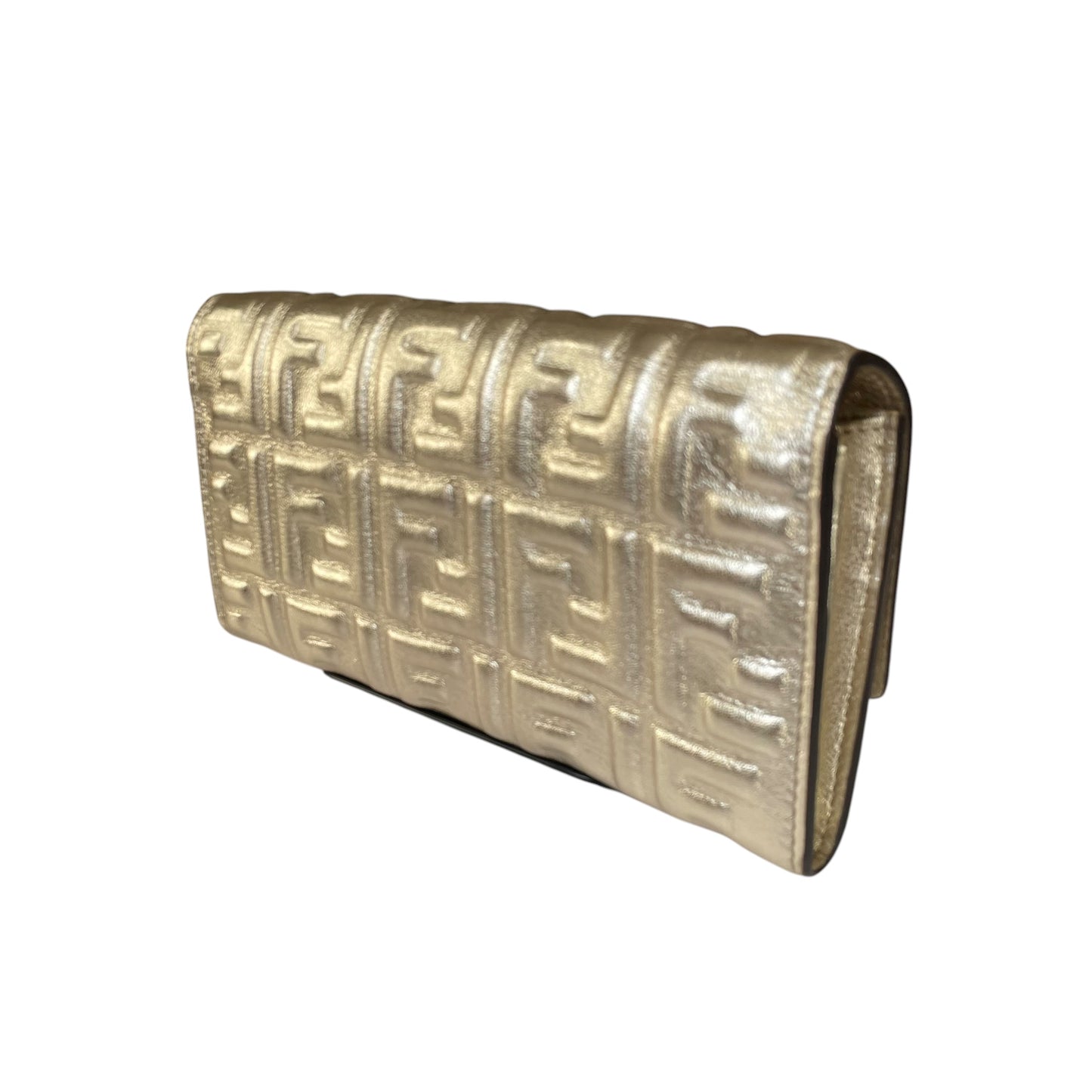 Fendi Zucca Baguette Leather Metallic Gold Silver Continental Long Wallet