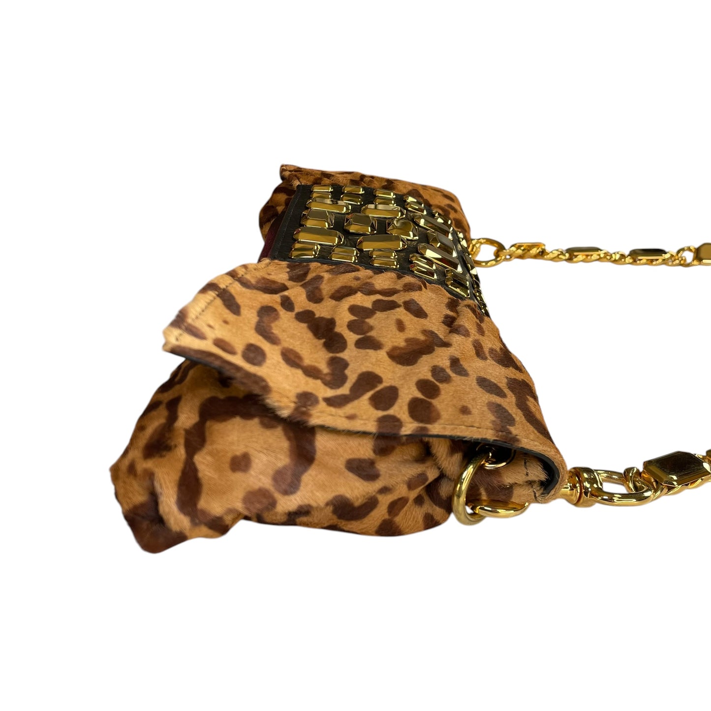 Valentino Leopard Pony Hair Studded GHW East-West Chain Shoulder Bag / Clutch