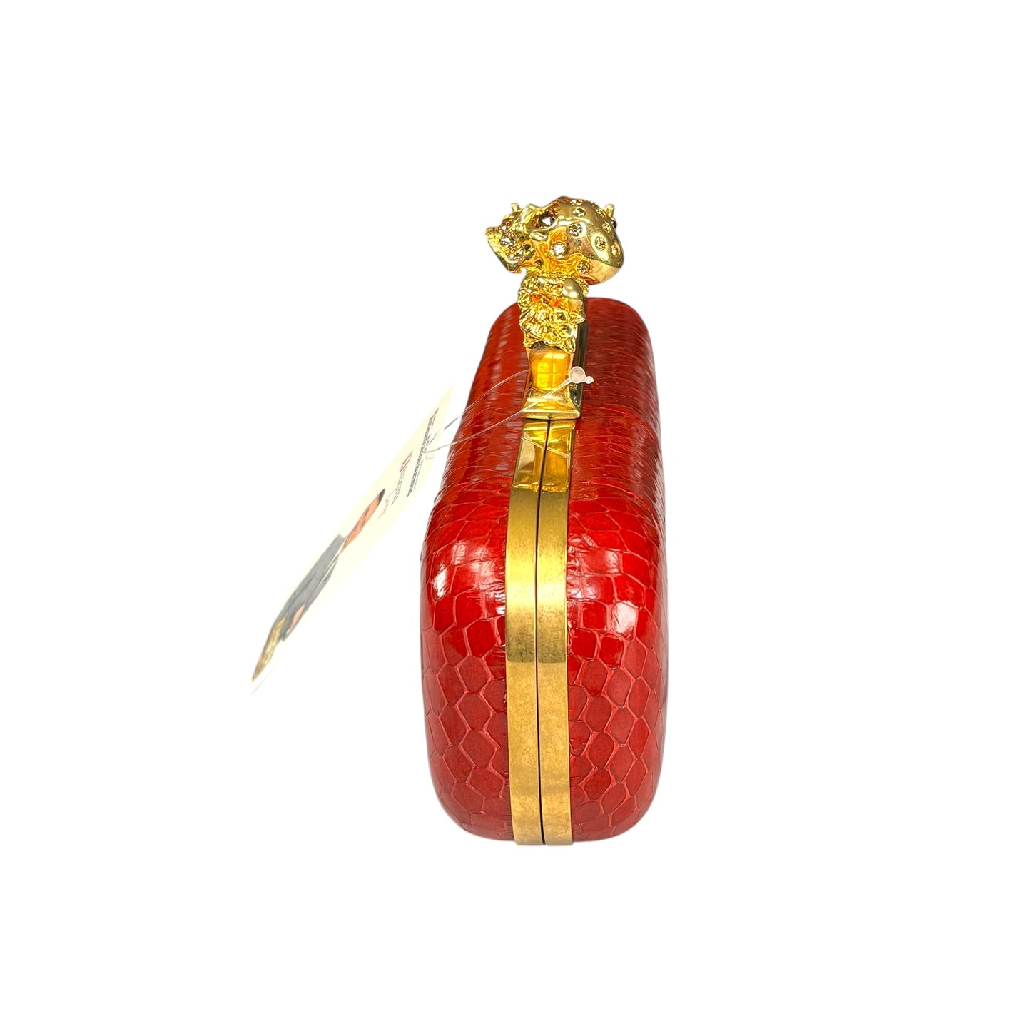 Alexander McQueen Ruby Red Embossed Leather Knuckle Clutch – Gold Rhinestone Skull Hardware