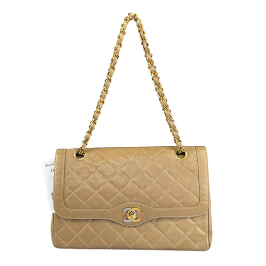 Chanel Paris Limited Beige Double Flap Quilted Lambskin Shoulder Purse