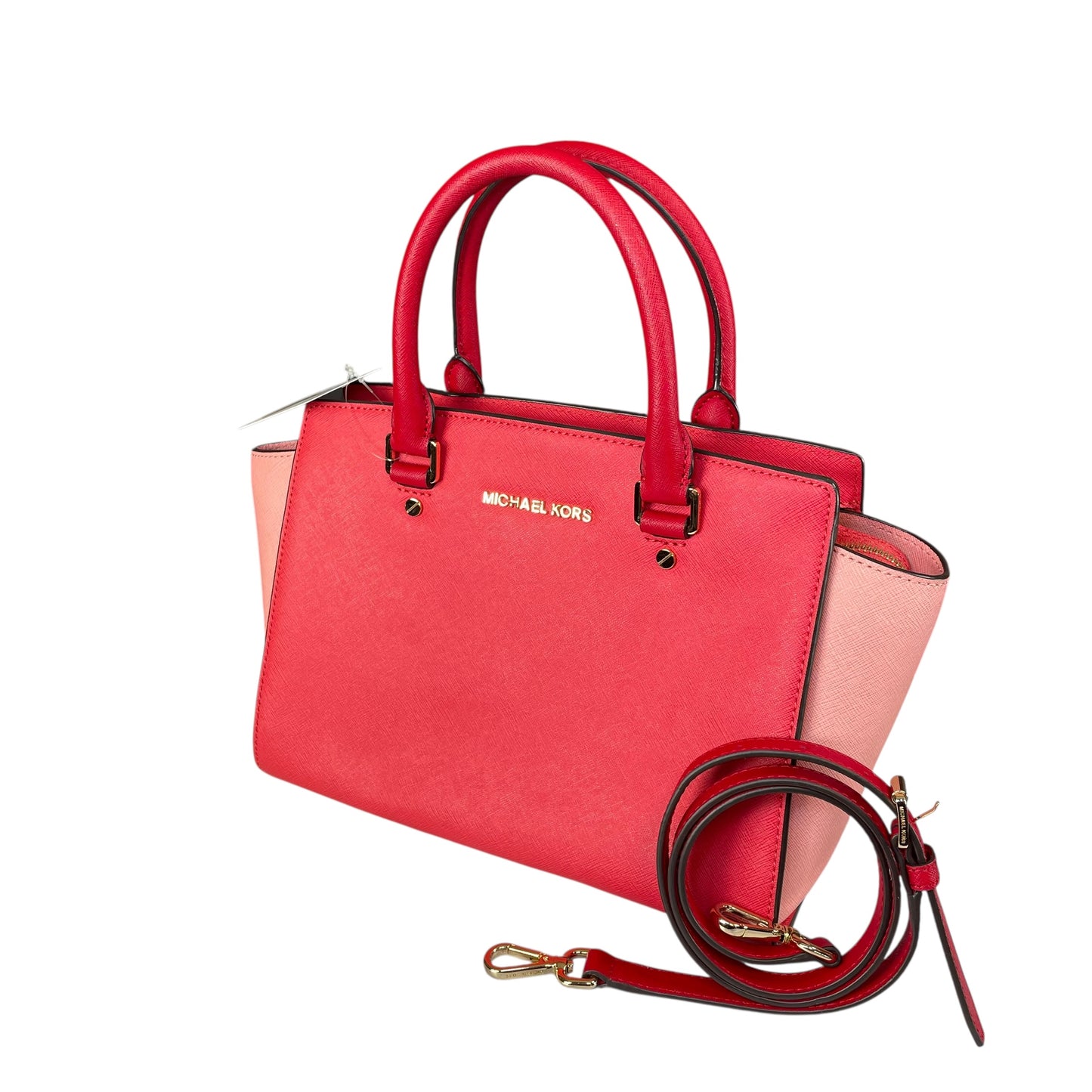 Michael Kors Selma Medium Satchel Pink Saffiano Leather Gold HW Crossbody Purse