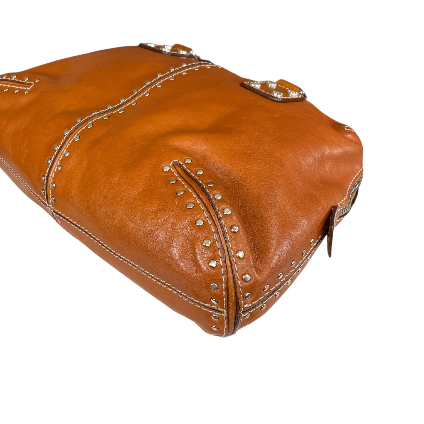 Michael Kors Astor Studded Equestrian SHW Distressed Tan Leather Satchel