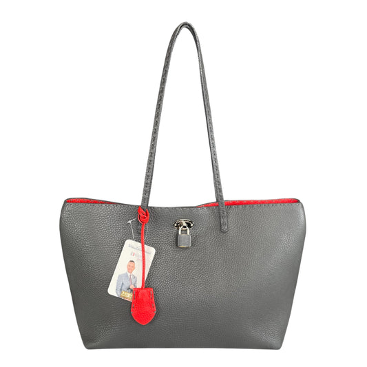 Fendi Selleria Grey / Red Sterling Silver  Pebbled Leather Lock Medium Tote