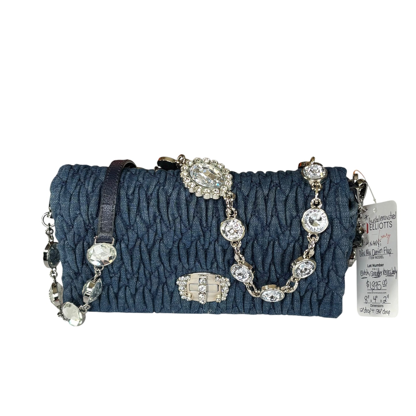 Miu Miu Crystal SHW Encrusted Denim 2-Way Crossbody Flap Turn-Lock Purse