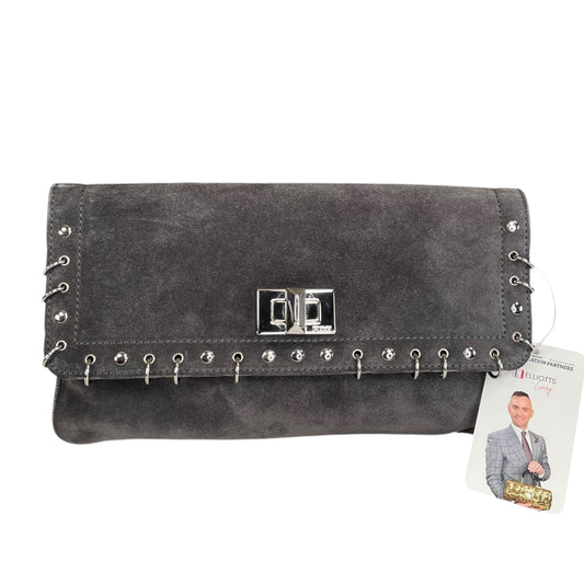 Emilio Pucci Studded Pierced Suede Clutch Gray Silver Hardware Turn Lock Clutch