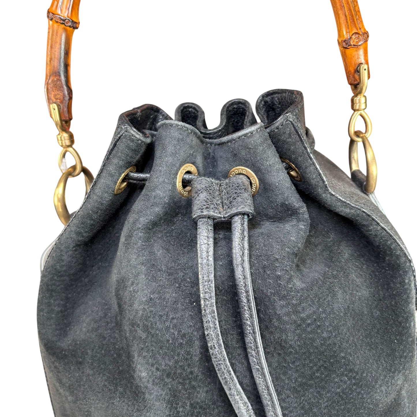 Gucci Bamboo Black Leather Suede Bucket Shoulder Bag