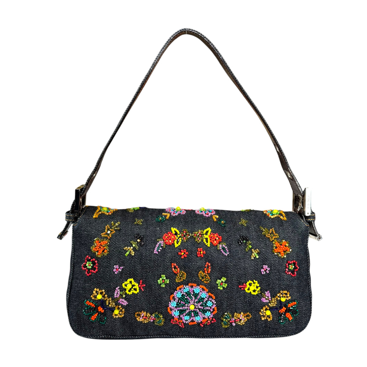 Fendi Y2K Denim Classic Floral Beaded Baguette Shoulder Purse
