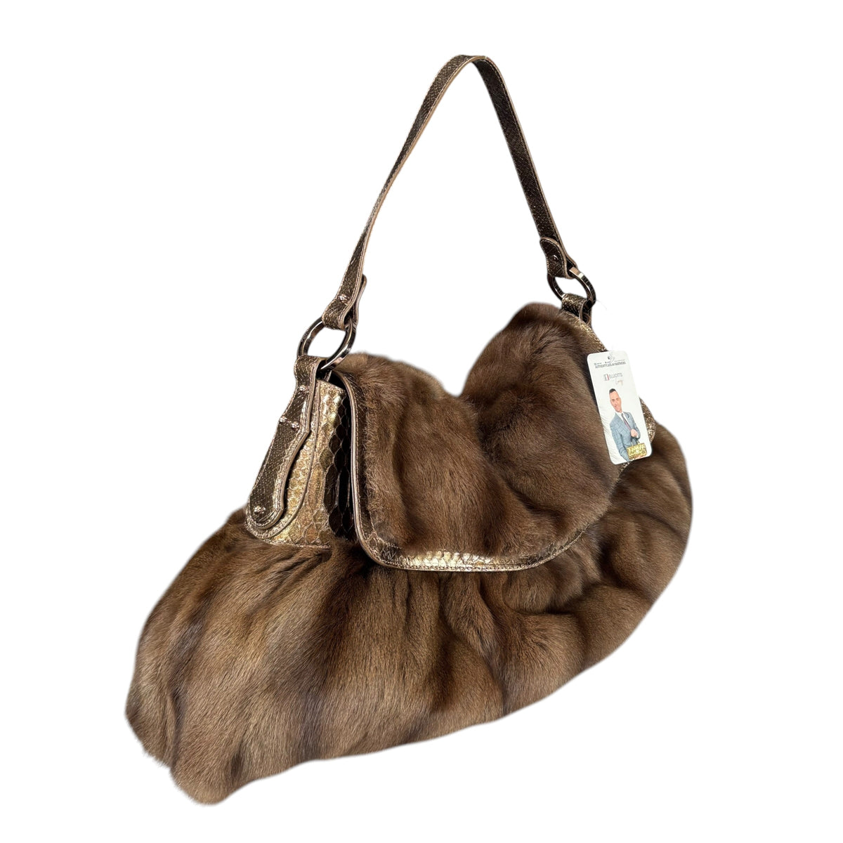Fendi Y2K Chef Brown XL Rabbit Embossed Snake Metallic Leather Shoulder Purse