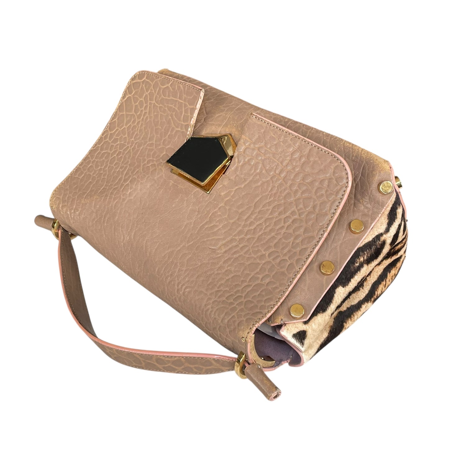 Jimmy Choo Lockett Two Way Bag Leopard Pony Hair Taupe Leather Gold HW Satchel