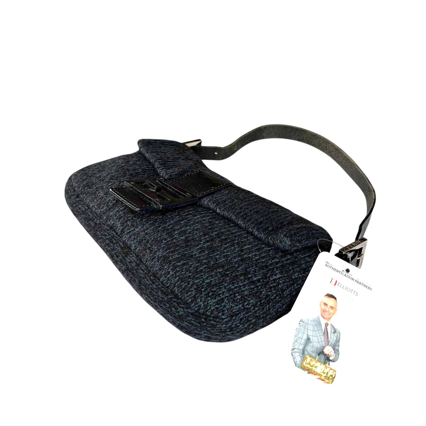 Fendi Baguette Classic Y2K Wool Cashmere Blue / Black SHW Knit Shoulder Purse