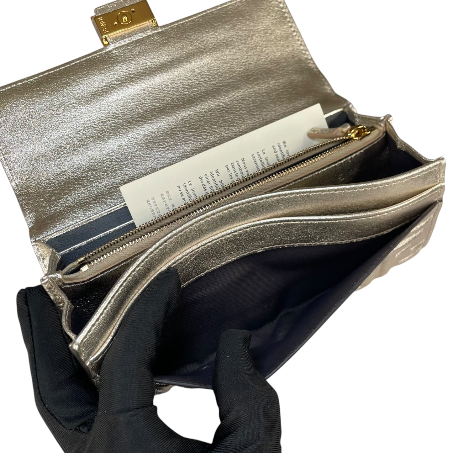 Fendi Zucca Baguette Leather Metallic Gold Silver Continental Long Wallet