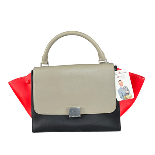 Celine Trapeze Tri-Color Red Black Grey Turn-Lock Top Handle Purse