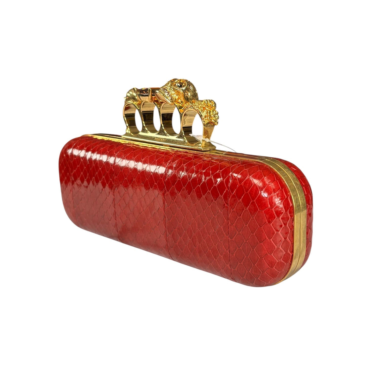 Alexander McQueen Ruby Red Embossed Leather Knuckle Clutch – Gold Rhinestone Skull Hardware