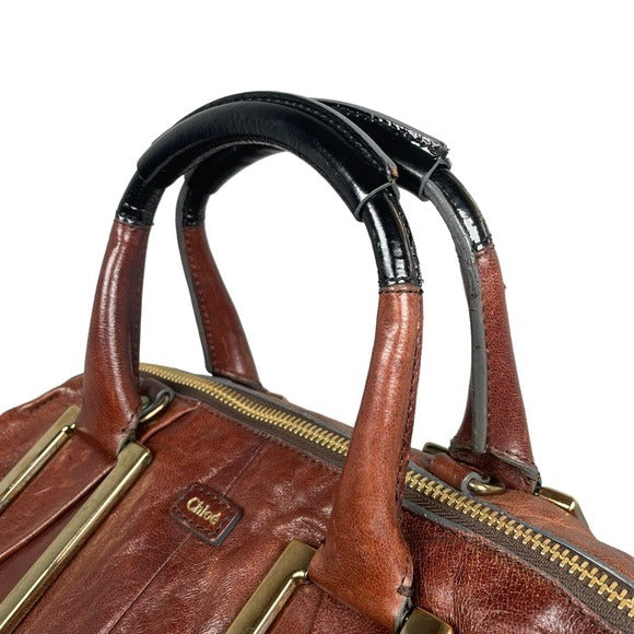 Chloe XL Ethel Two Tone Patent Leather Brown Black Zippy Oval Handbag Tote Purse