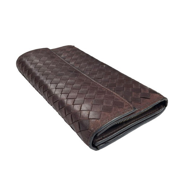 Bottega Veneta Brown Coco Woven Long Wallet Zippy Center Cash & Coin Purse