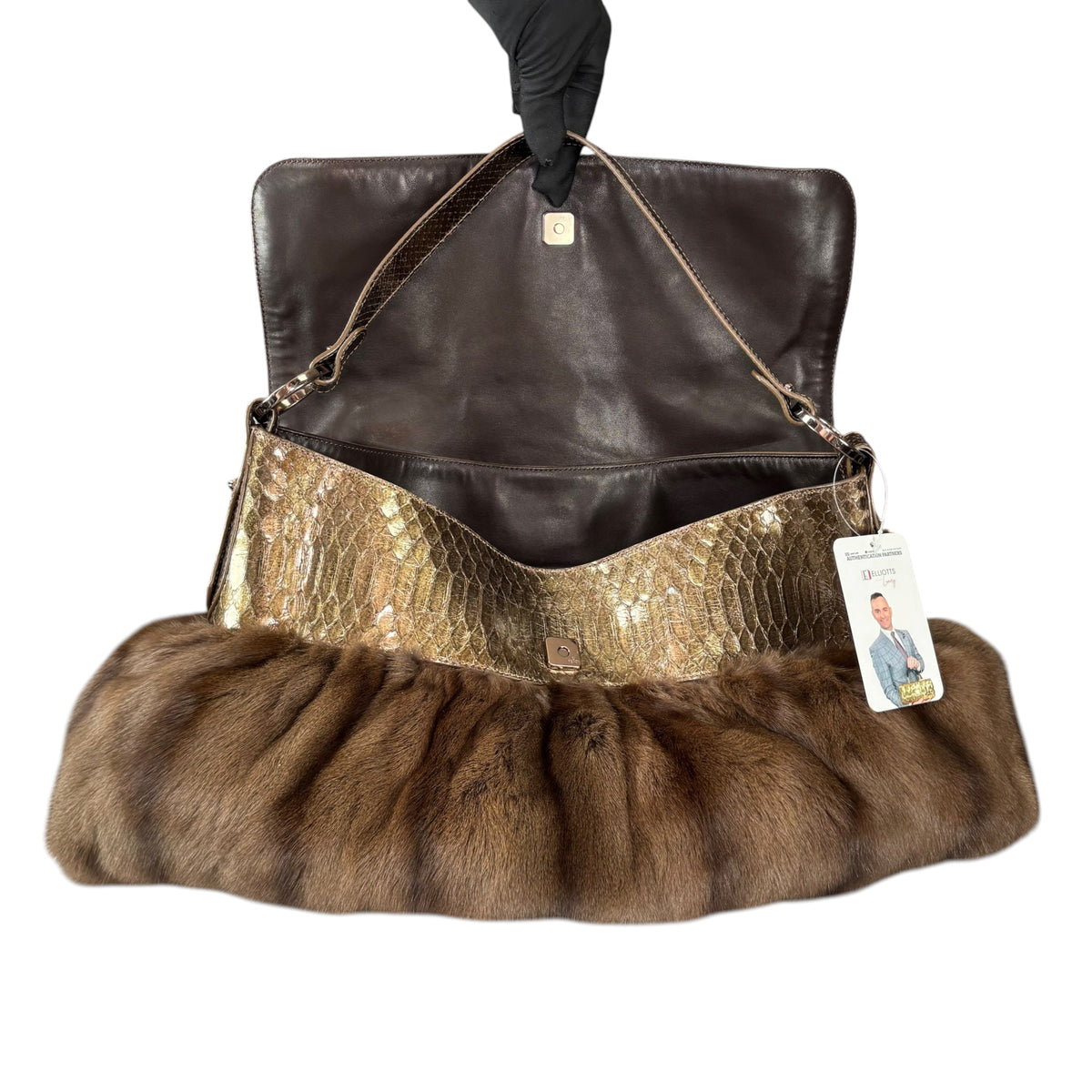 Fendi Y2K Chef Brown XL Rabbit Embossed Snake Metallic Leather Shoulder Purse