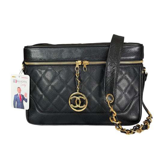 Chanel CC Cosmetic Camera Tolietry Vanity Caviar Black Leather 24K Plated 2 Way Purse