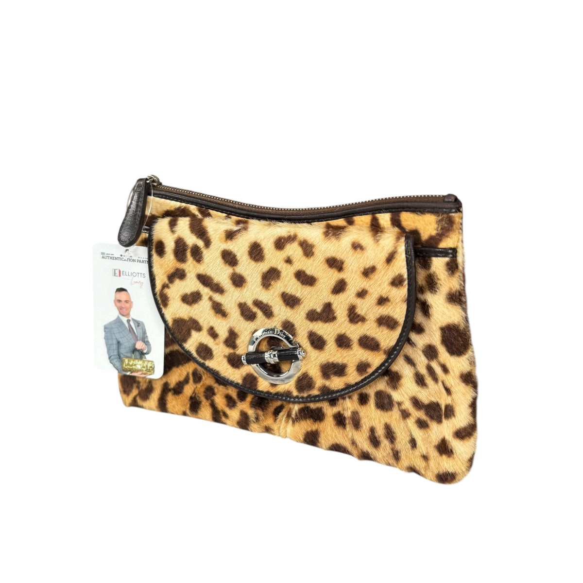 Christian Dior Harako Y2K Pony Hair Zippy Clutch – Leopard Print / Brown Leather