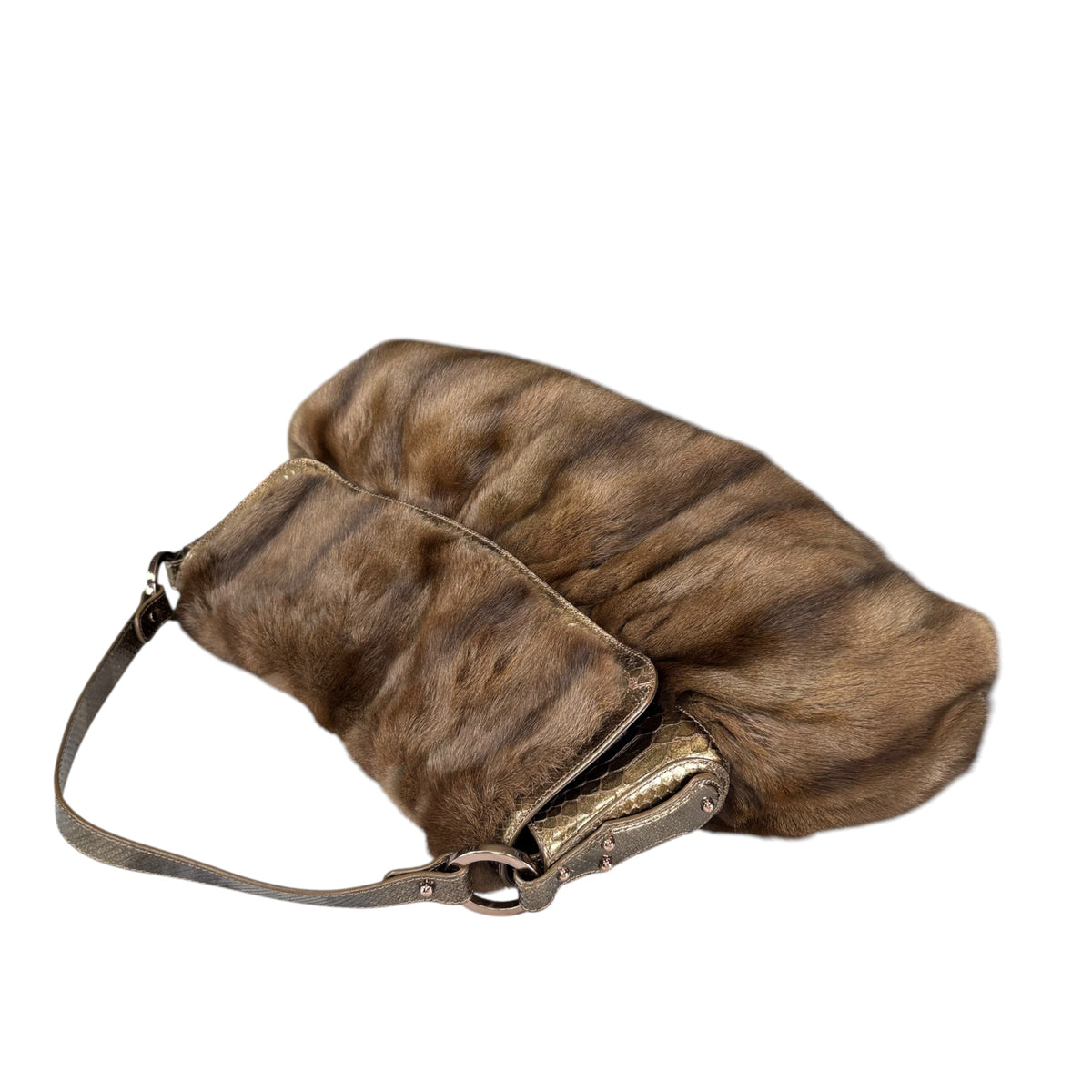 Fendi Y2K Chef Brown XL Rabbit Embossed Snake Metallic Leather Shoulder Purse