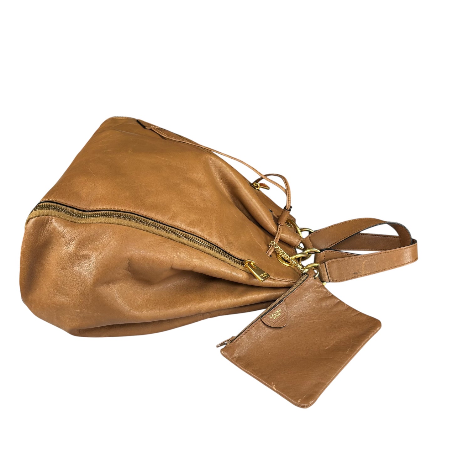 Celine Gold Brown Leather GHW Pouch Drawstring Bucket Hobo Bag