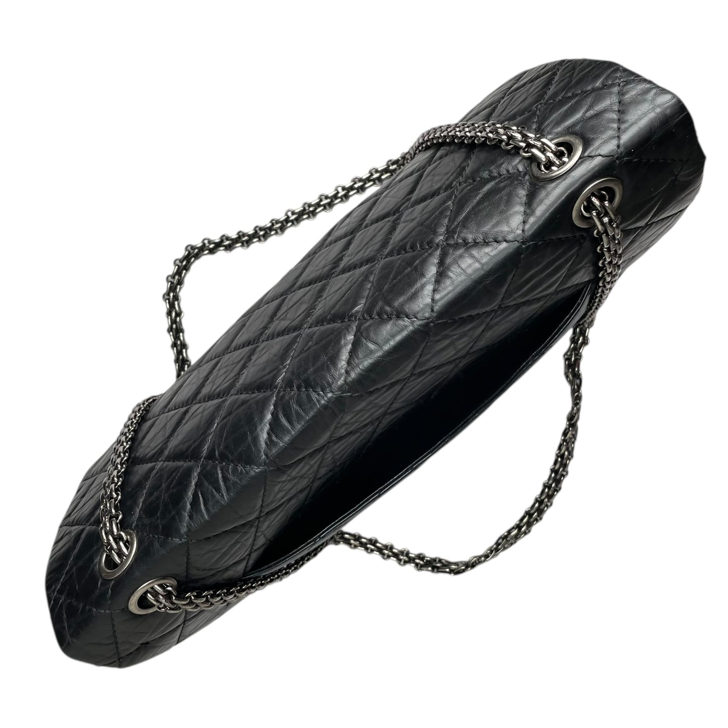 Chanel CC 255 Re-Issue Large Black Aged Calf Gunmetal Hardware Double Flap Purse