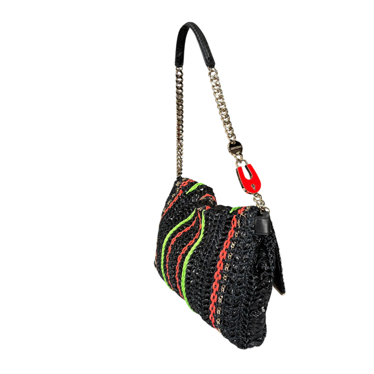 Jimmy Choo GHW Leather Rafia Neon Black Snake Chain Flap
