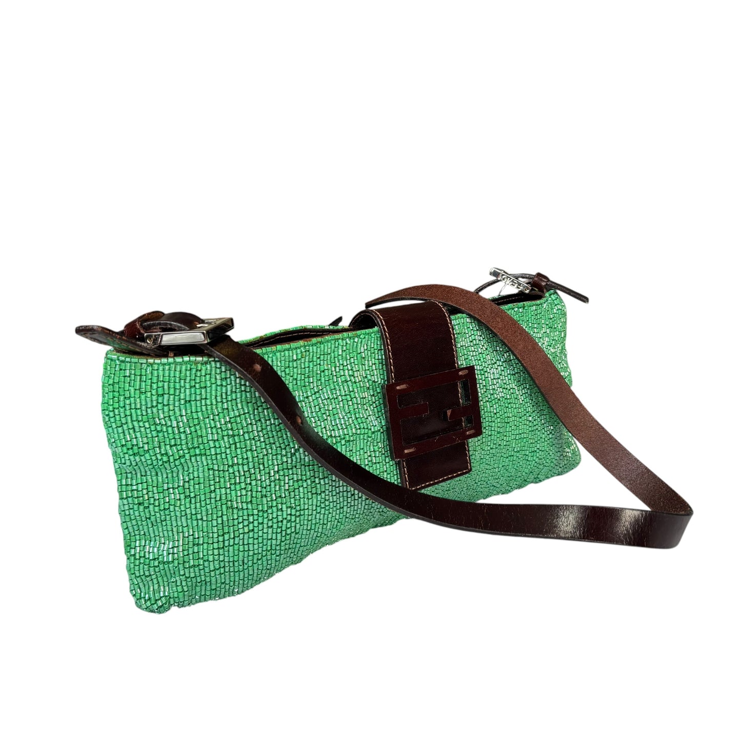 Fendi Y2K Slim Baguette Green Beaded Shoulder Purse