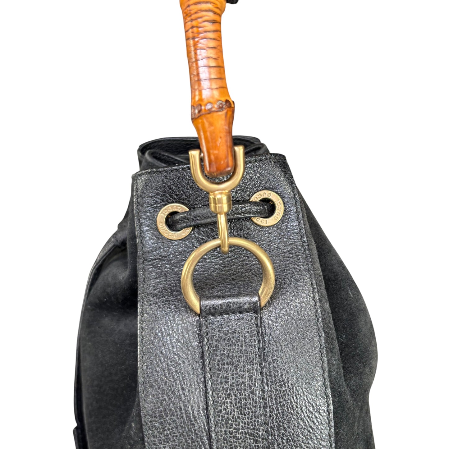 Gucci Bamboo Black Leather Suede Bucket Shoulder Bag