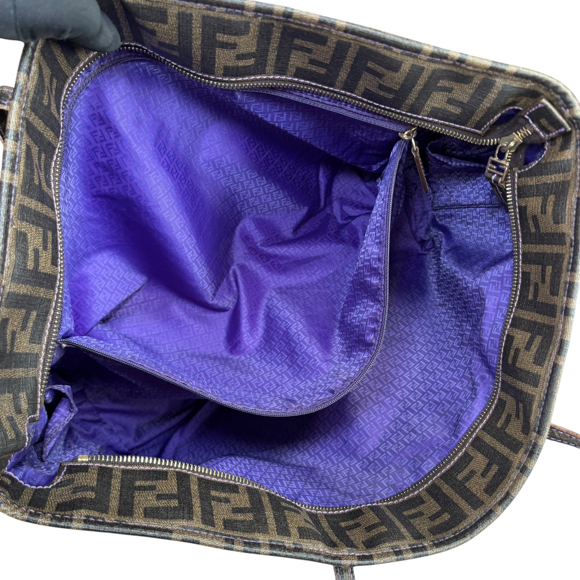 Fendi Spalmati Zucca Coated Canvas Brown / Black Zip Shoulder Tote