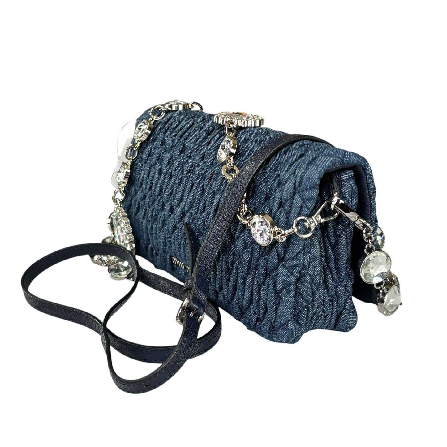 Miu Miu Crystal SHW Encrusted Denim 2-Way Crossbody Flap Turn-Lock Purse