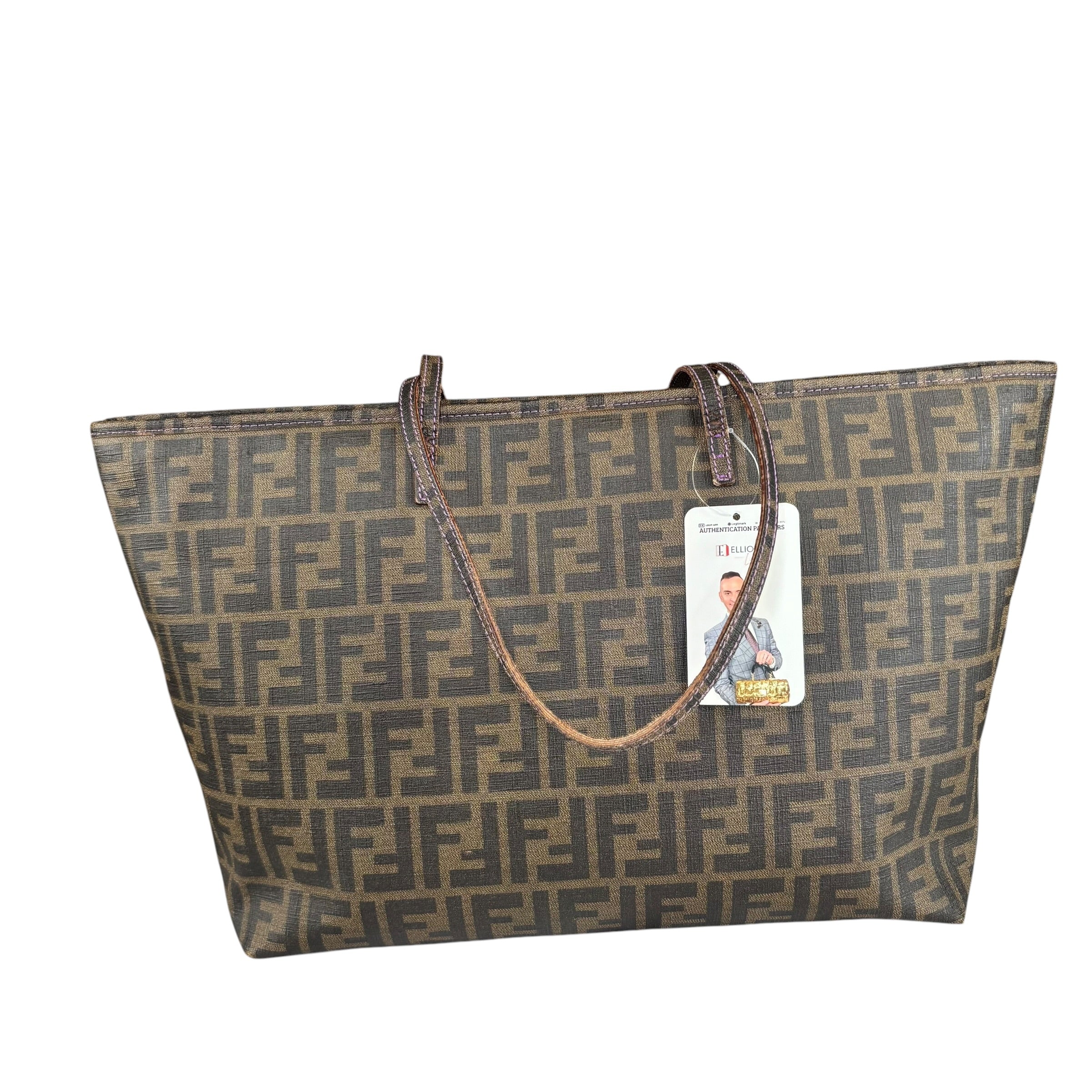FENDI ズッカ　バッグ　ブラウン　キャンバス Fendi Spalmati Zucca Coated Canvas Brown / Black Zip Shoulder Tote