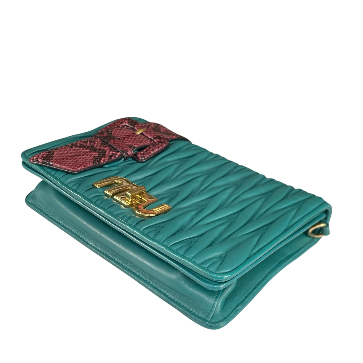 Miu Miu Delice Teal Matelasse Python Embossed Nappa Leather GHW Crossbody Flap Purse