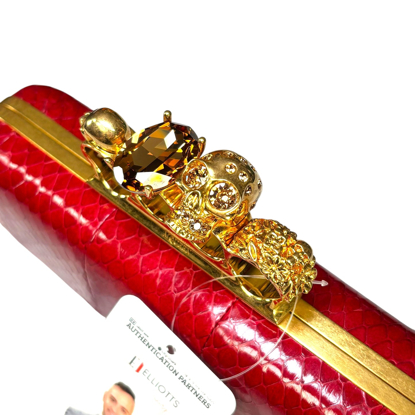 Alexander McQueen Ruby Red Embossed Leather Knuckle Clutch – Gold Rhinestone Skull Hardware