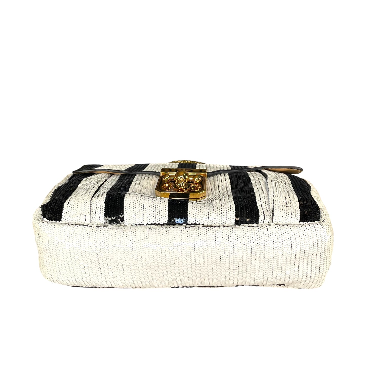 Chloe Elsie Medium Sequin Leather Stripe Black White GHW Rope Strap Shoulder Bag