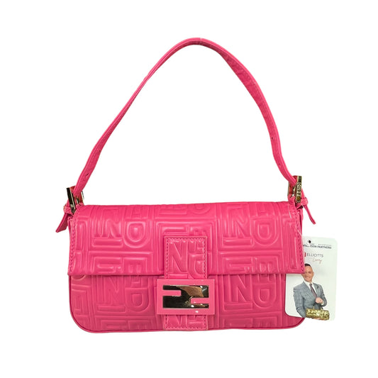 Fendi Baguette Re-Issue Embossed GHW Fusia Pink Leather Shoulder Purse