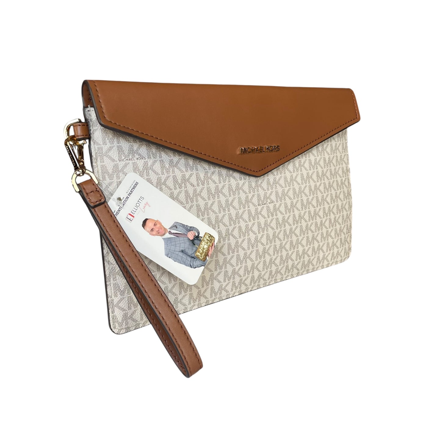 Michael Kors Maisie Leather Brown White Canvas GHW XL Envelope Clutch Wristlet