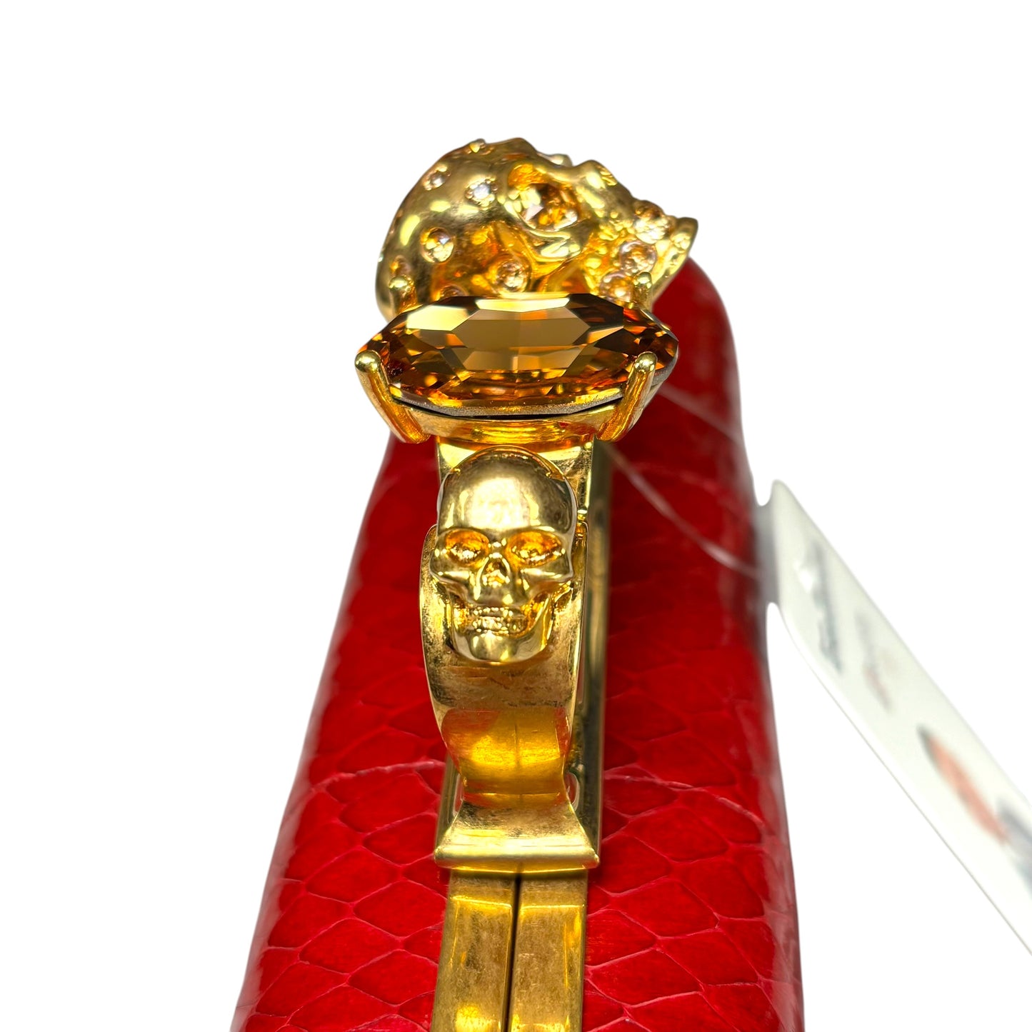 Alexander McQueen Ruby Red Embossed Leather Knuckle Clutch – Gold Rhinestone Skull Hardware
