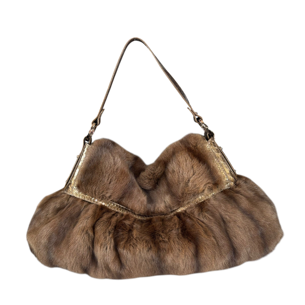 Fendi Y2K Chef Brown XL Rabbit Embossed Snake Metallic Leather Shoulder Purse