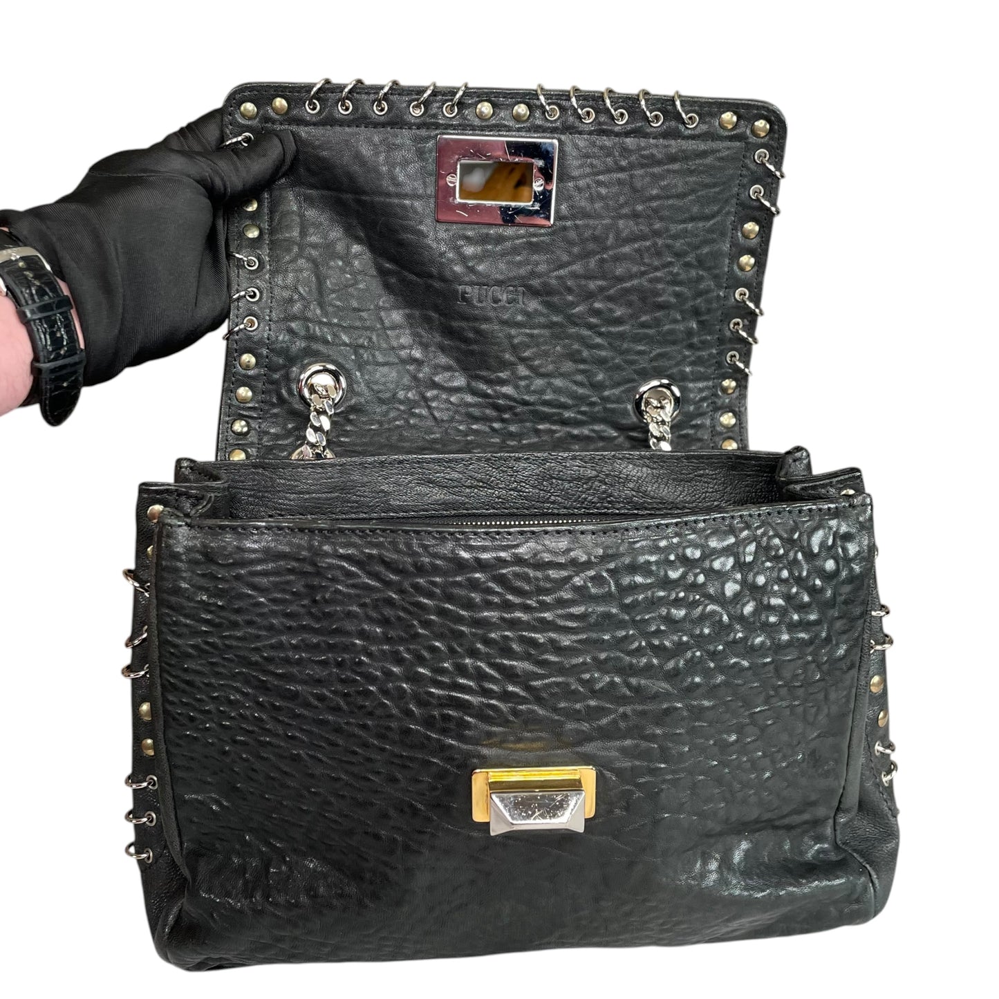 Emilio Pucci Pierced Studded Flap Black Aged Cowhide Silver Gold 2-Way Shoulder Bag