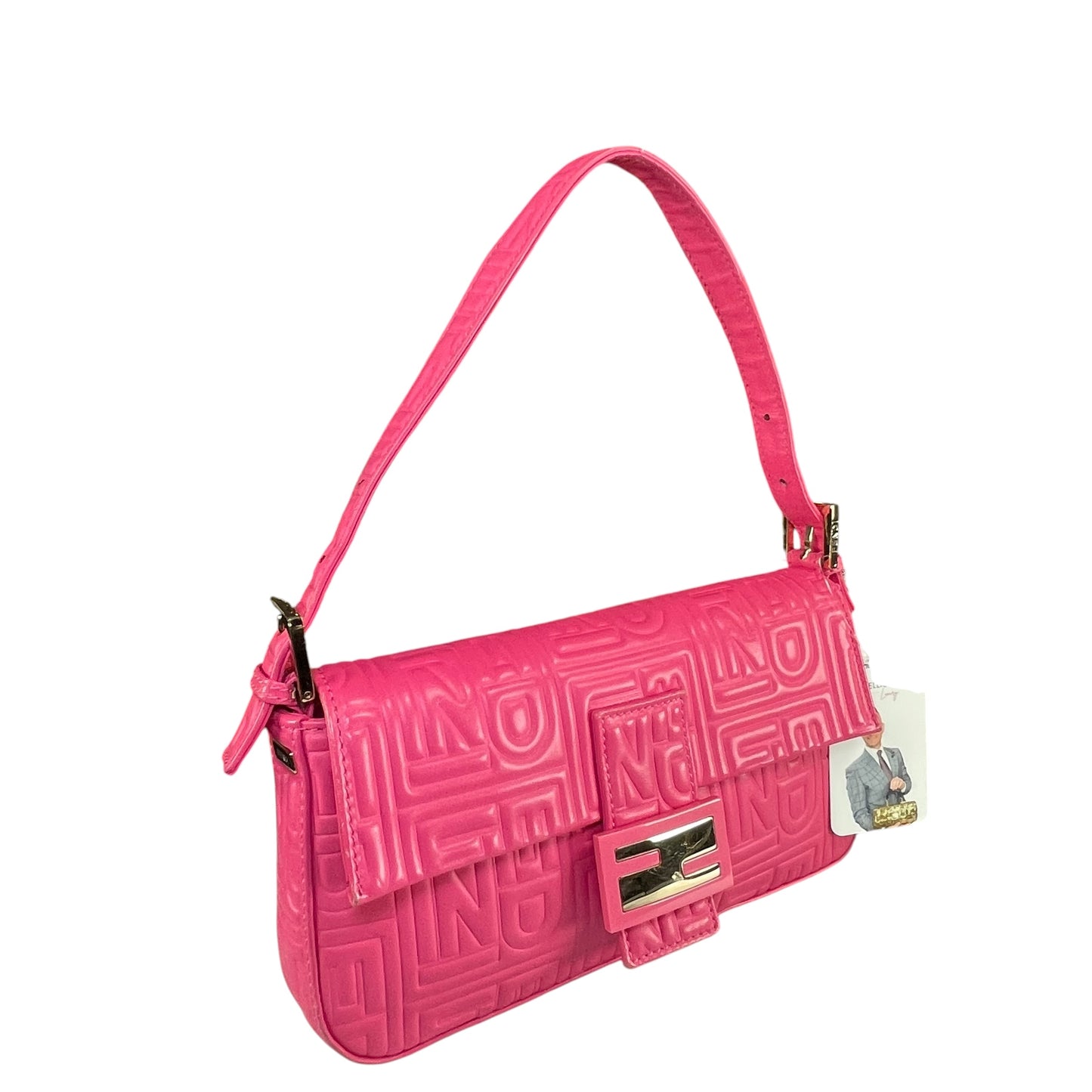 Fendi Baguette Re-Issue Embossed GHW Fusia Pink Leather Shoulder Purse