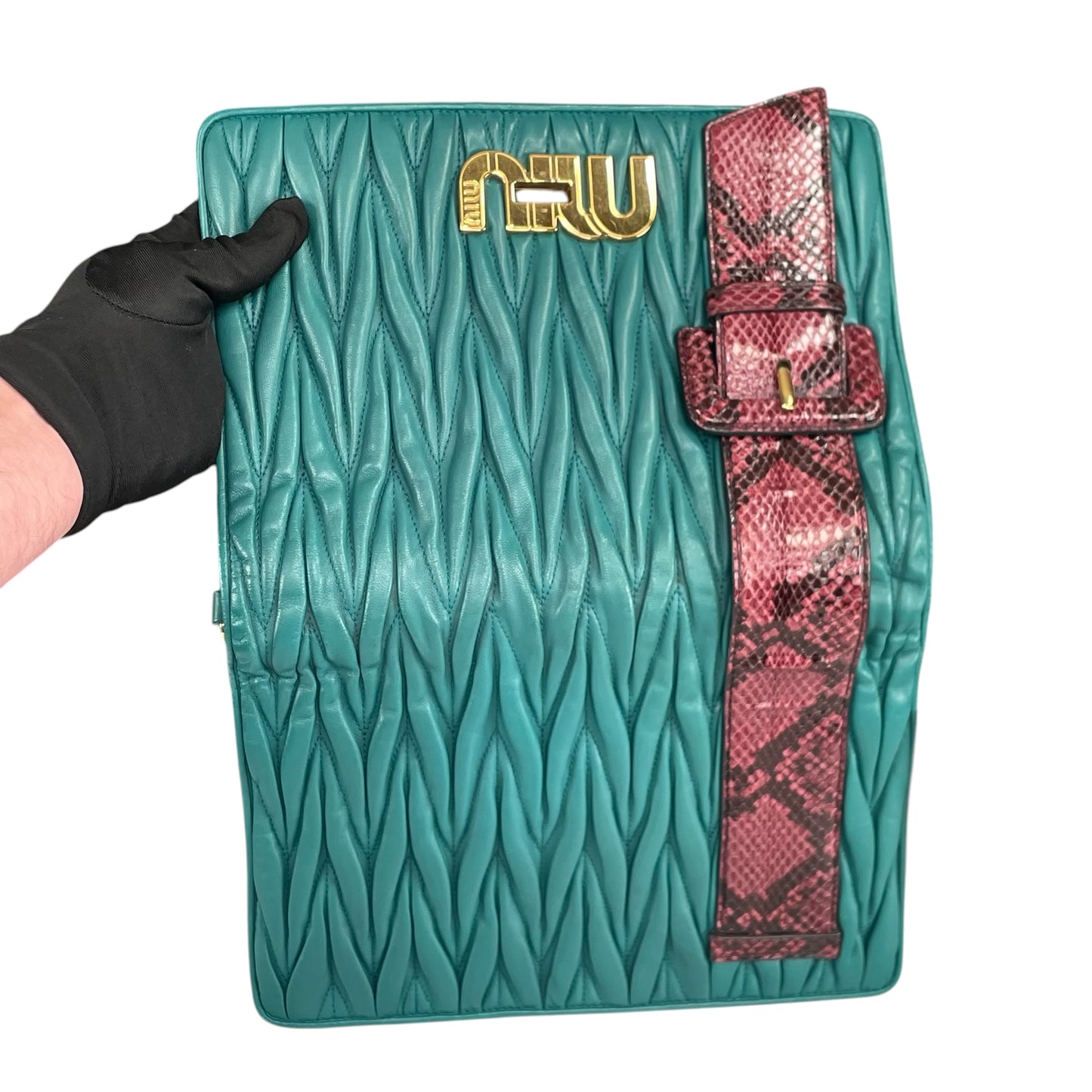 Miu Miu Delice Teal Matelasse Python Embossed Nappa Leather GHW Crossbody Flap Purse
