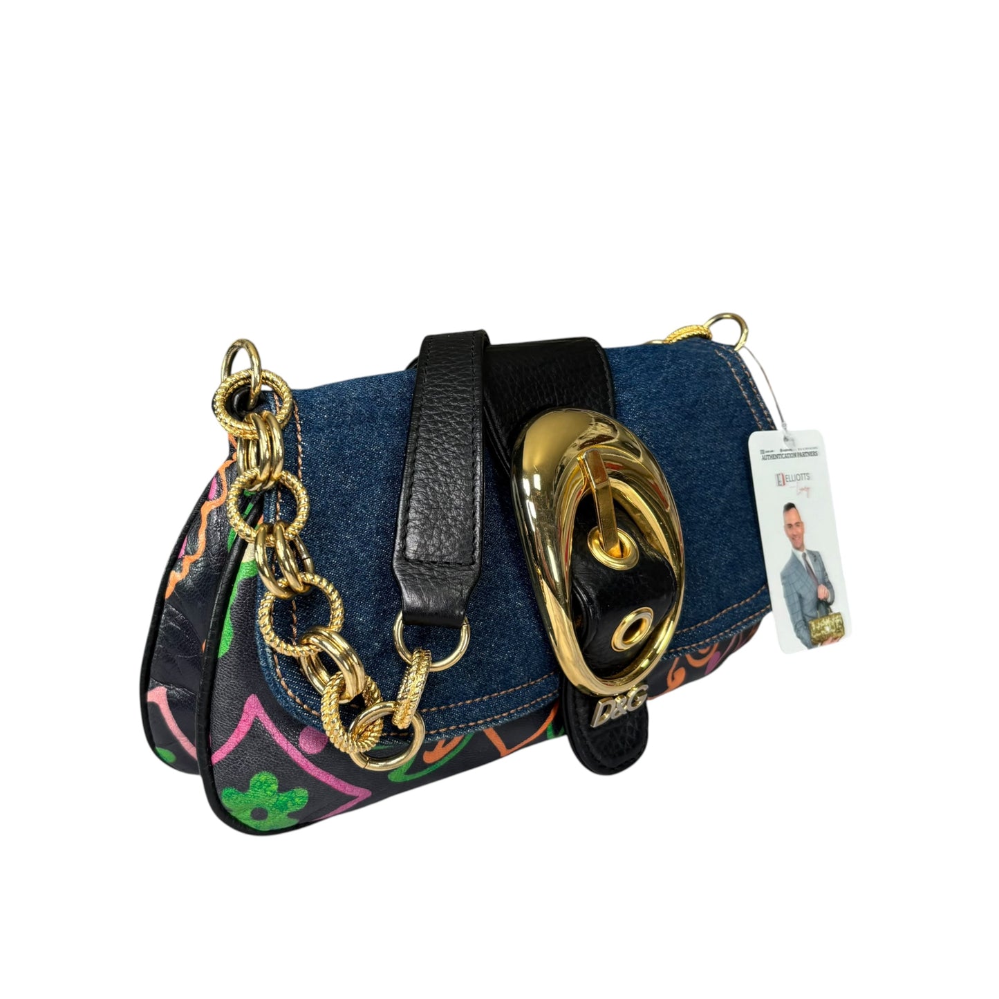 Dolce & Gabbana D & G Y2K Denim Buckle Baguette Floral Limited Leather Chain Purse