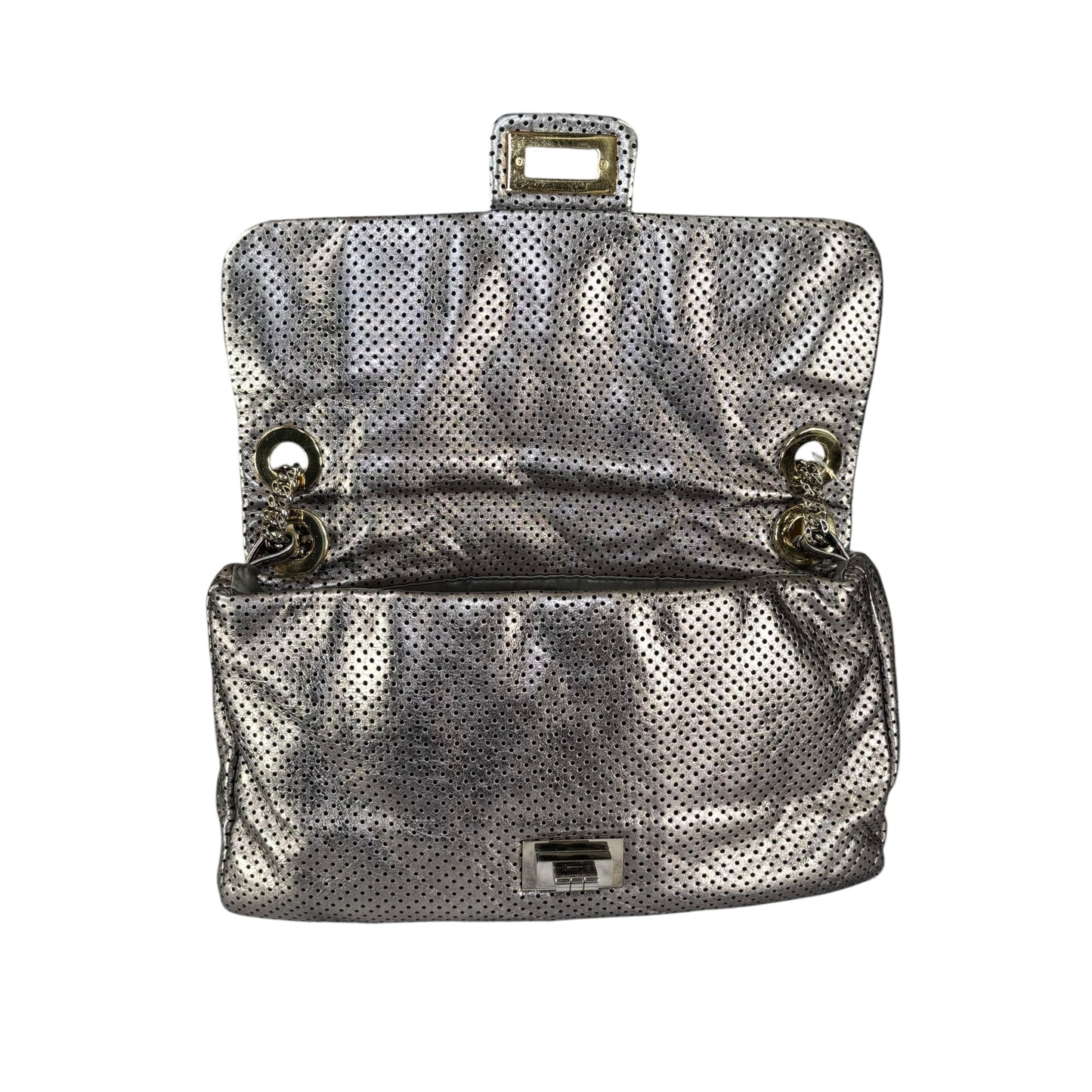 Chanel 2.55 Drill Flap Pewter Metallic Lambskin Leather GHW Med Shoulder Purse